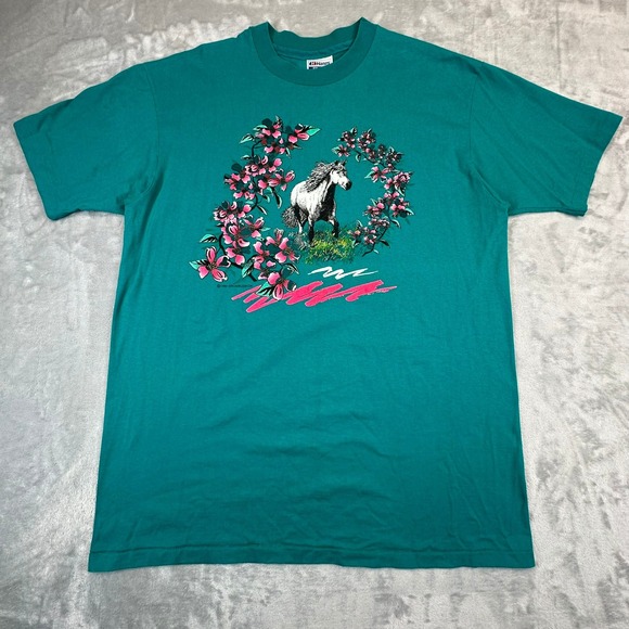 Hanes Other - Hanes T-Shirt Mens XL Teal 1990 Grumbles Horse Floral Vintage Graphic Tee USA